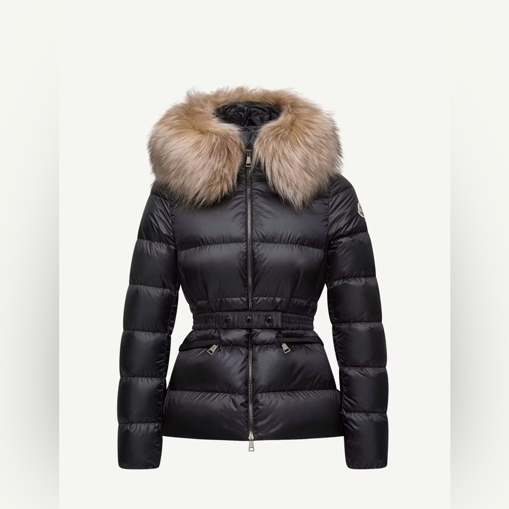 Moncler Boed Belted Hooded Shearling-Trimmed Short Puffer Down Jacket - Large